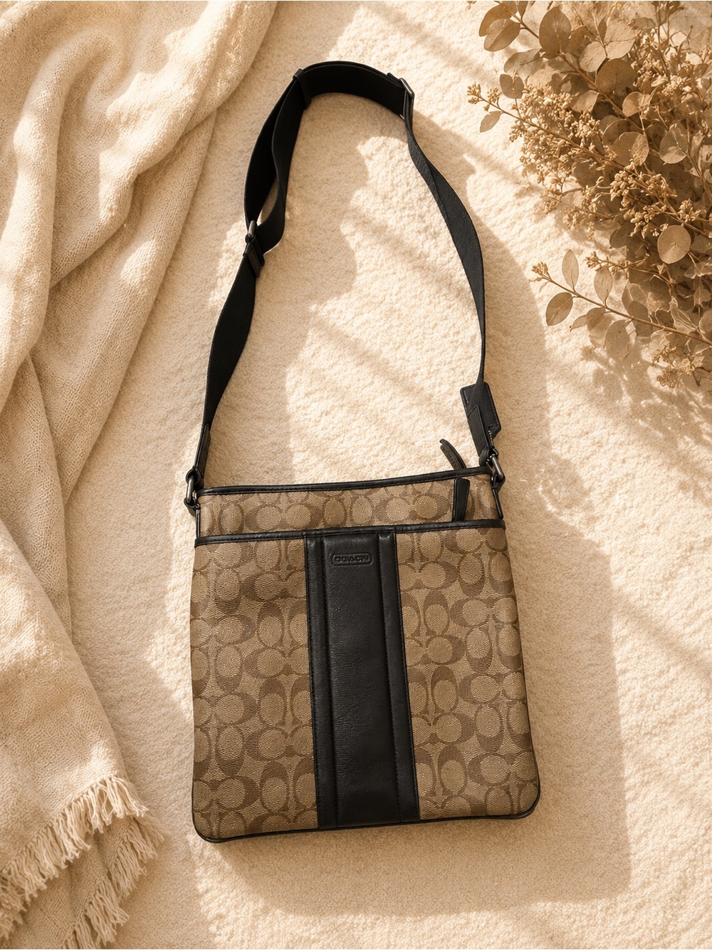 Coach Tan Signature Crossbody with Black Leather Trim